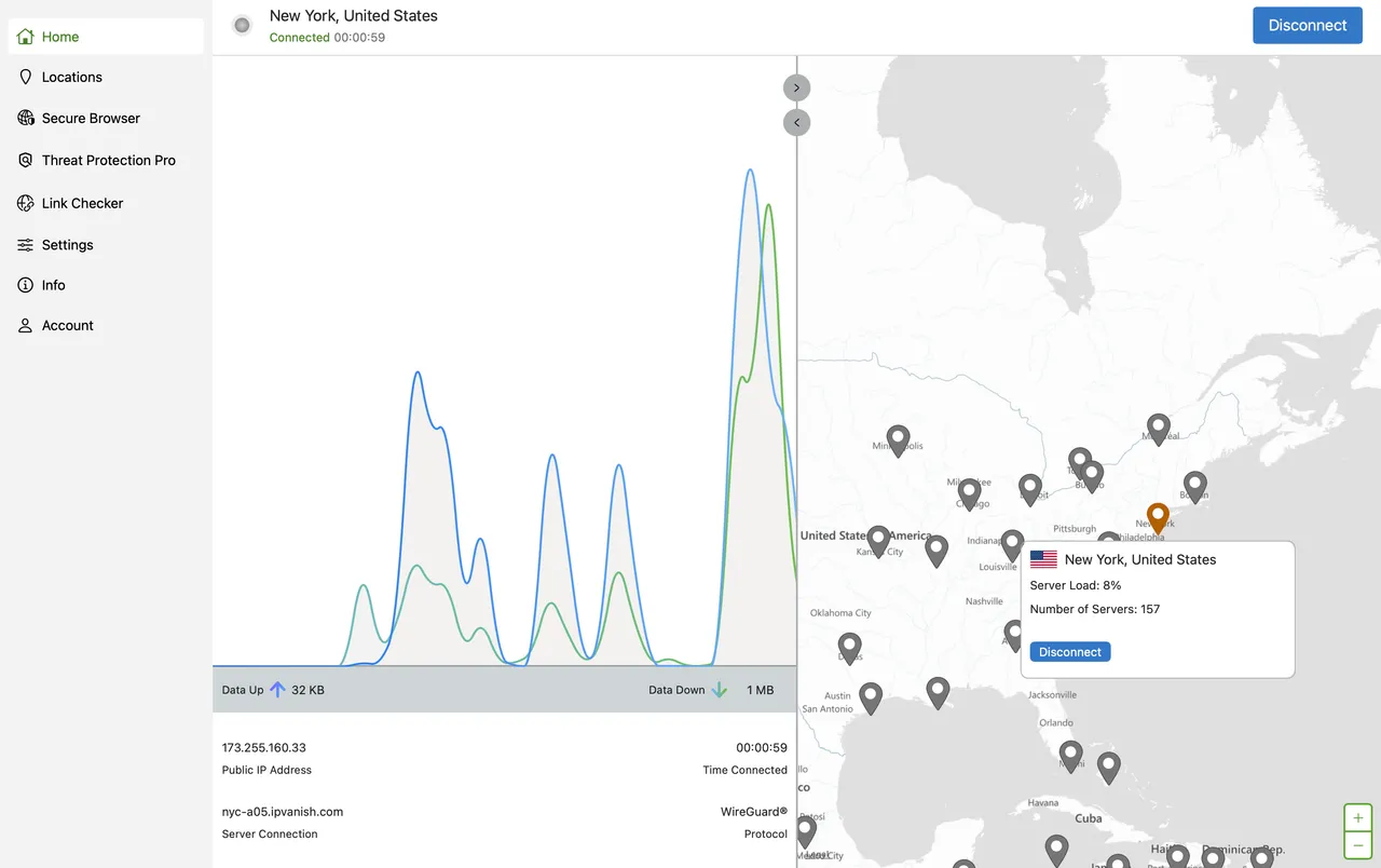 Aplikace IPVanish pro Mac připojená k Francii, zobrazená na mapě