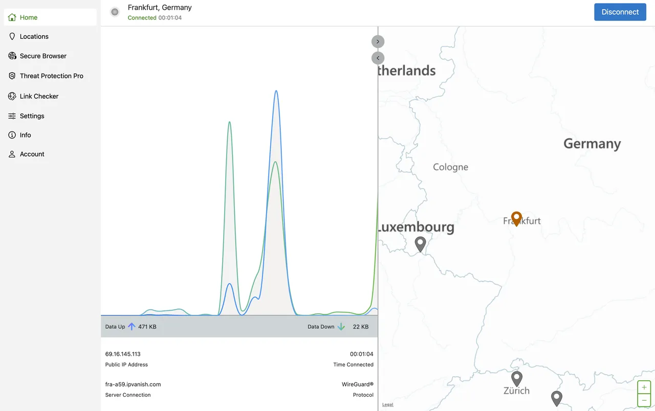 Aplikace IPVanish pro Mac připojená k Německu, zobrazená na mapě