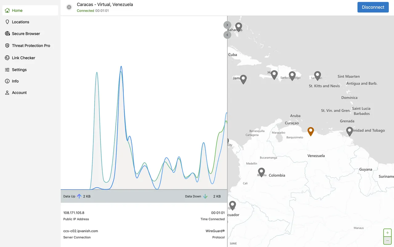 Aplikace IPVanish pro Mac připojená k serveru na Blízkém východě, zobrazená na mapě