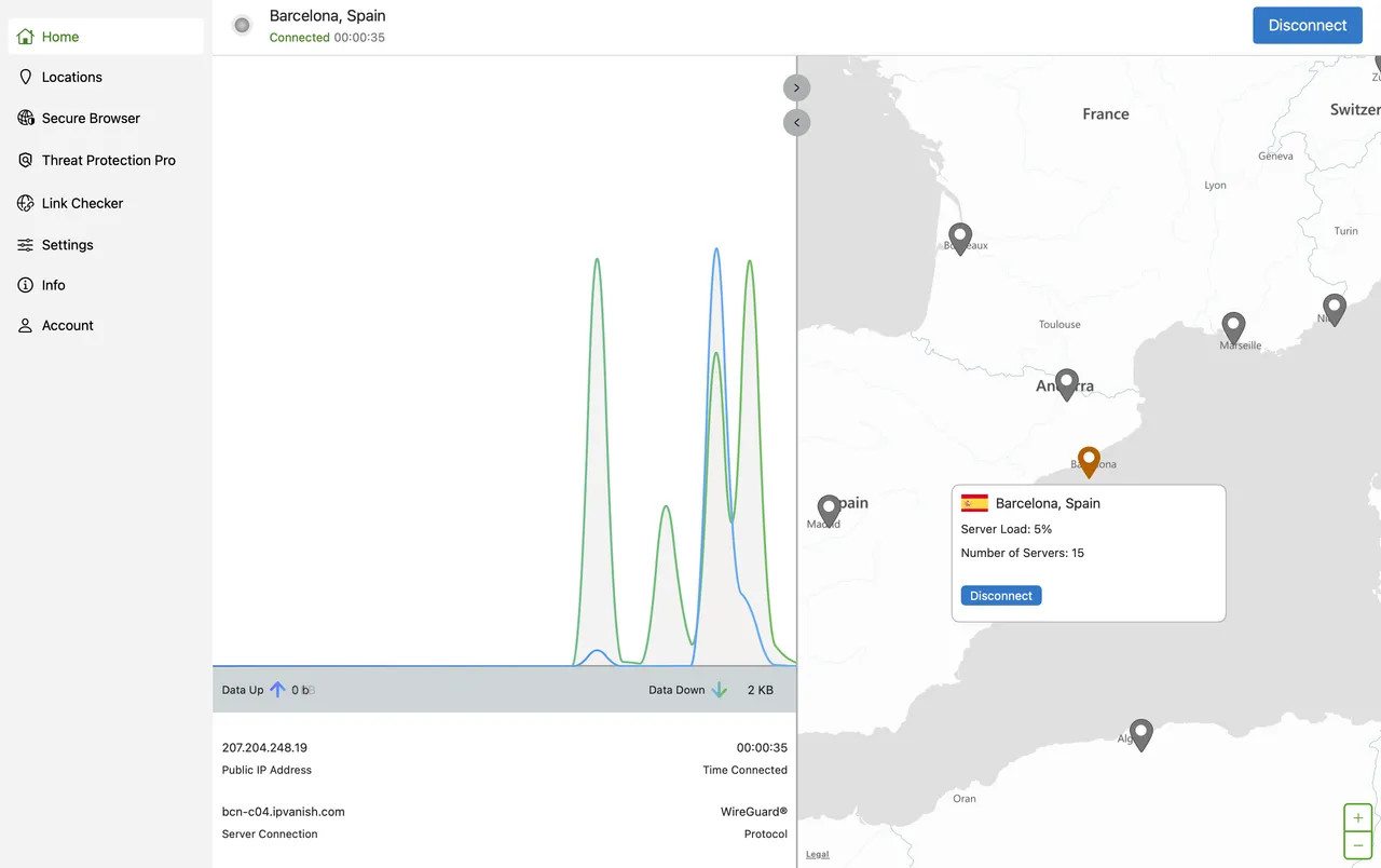 Aplikace IPVanish pro Mac připojená k Velké Británii, zobrazená na mapě