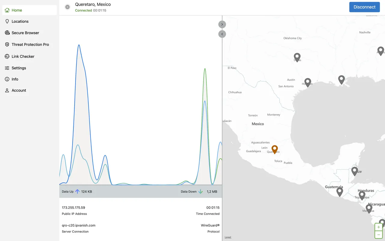 Aplikace IPVanish pro Mac připojená k serveru ve Spojených státech, zobrazená na mapě