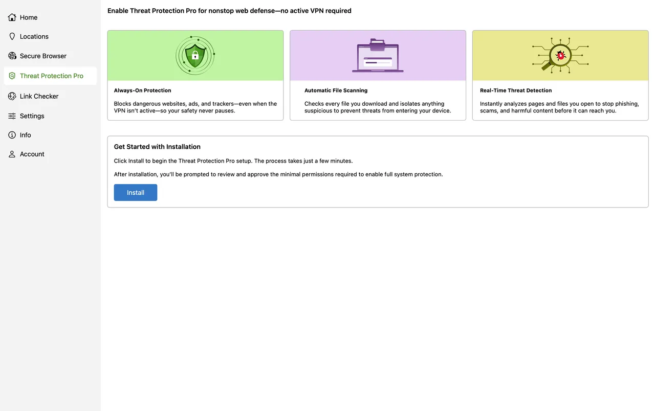 Přehled funkcí s Threat Protection, Split Tunneling a vyhledáváním serverů v aplikaci IPVanish pro Mac