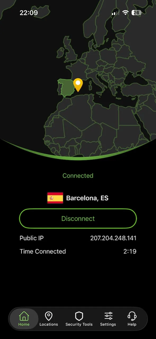 Aplikace IPVanish pro iPhone připojená k Barceloně ve Španělsku, zobrazená na mapě na úvodní obrazovce