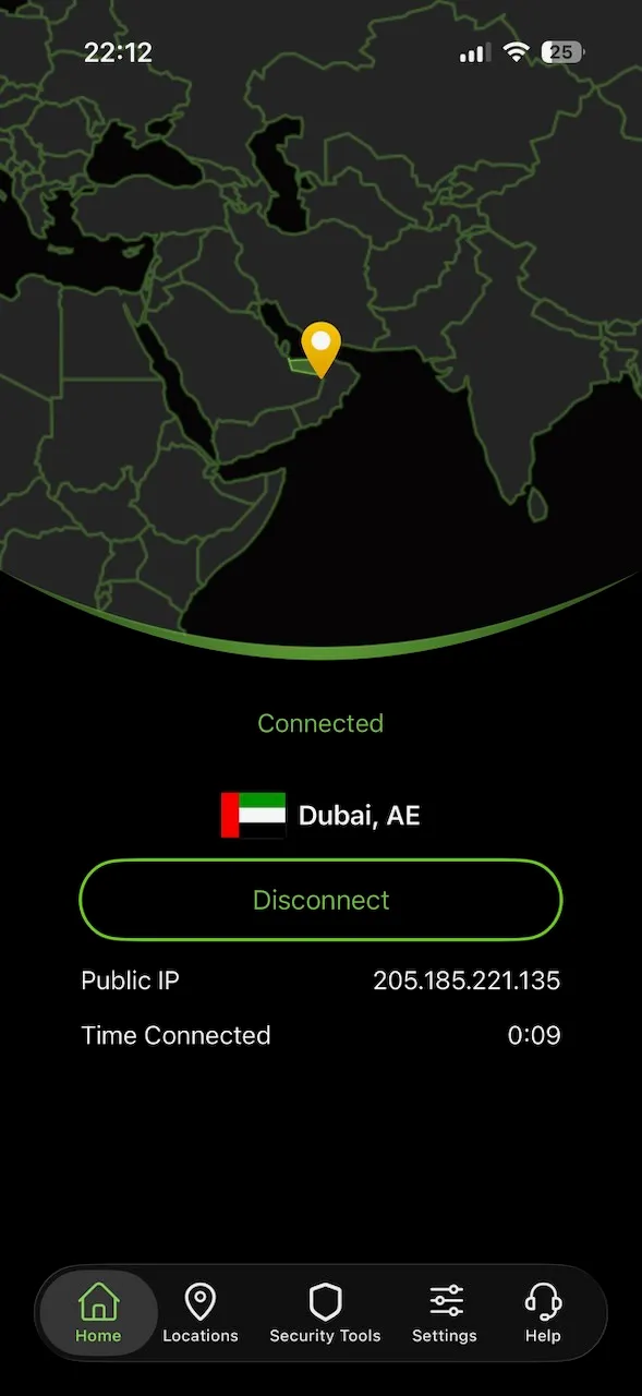 Aplikace IPVanish pro iPhone připojená k Dubaji ve Spojených arabských emirátech, zobrazená na mapě na úvodní obrazovce