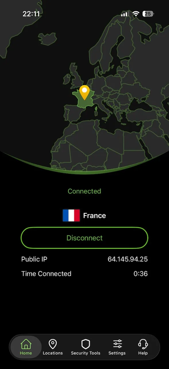 Aplikace IPVanish pro iPhone připojená k Francii, zobrazená na mapě na úvodní obrazovce