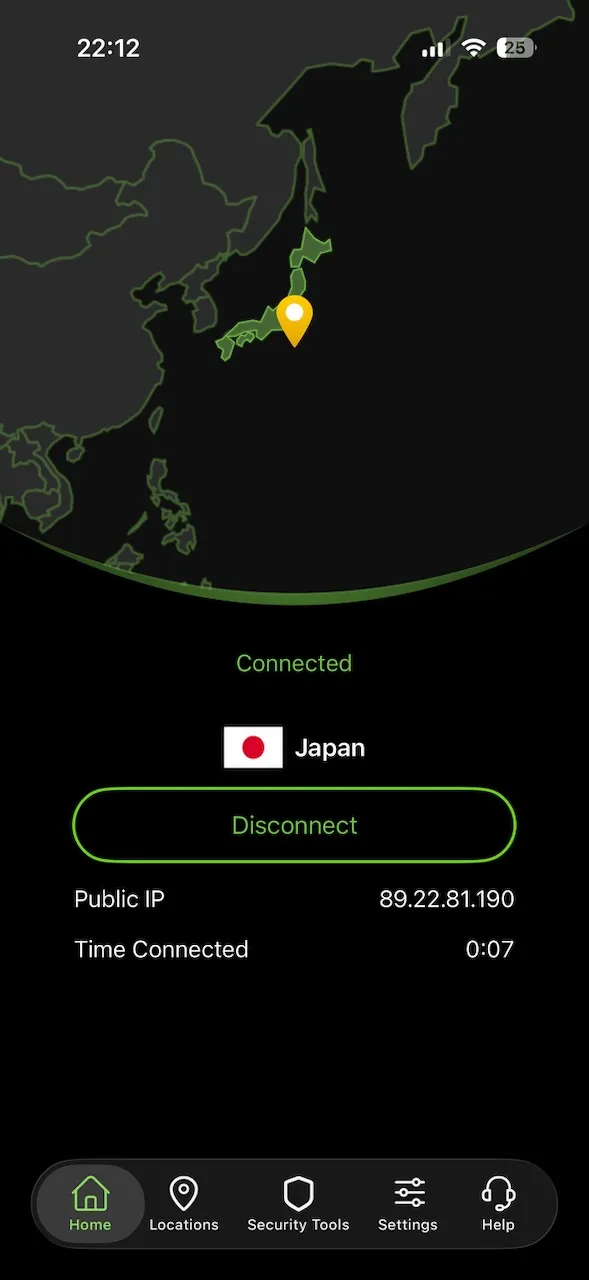 Aplikace IPVanish pro iPhone připojená k Japonsku, zobrazená na mapě na úvodní obrazovce