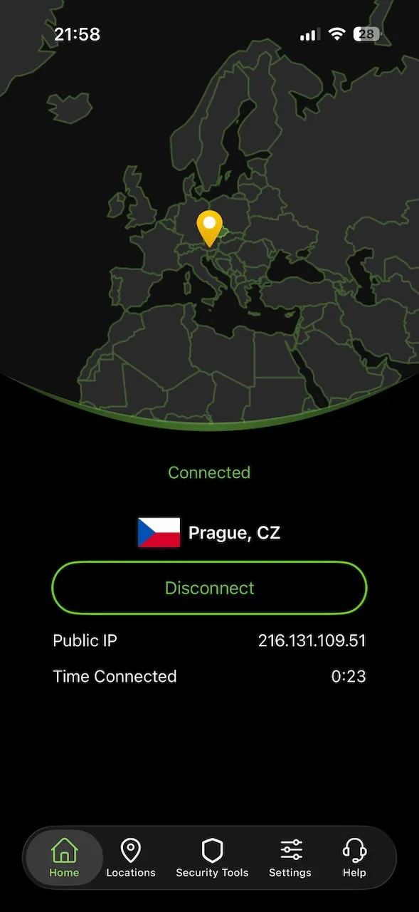 Aplikace IPVanish pro iPhone připojená k Praze v Česku, zobrazená na mapě na úvodní obrazovce