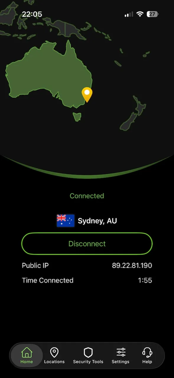 Aplikace IPVanish pro iPhone připojená k Sydney v Austrálii, zobrazená na mapě na úvodní obrazovce