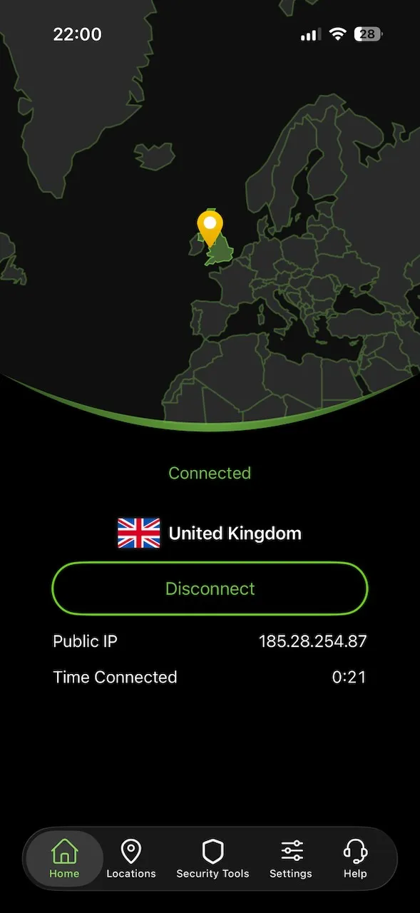 Aplikace IPVanish pro iPhone připojená k Velké Británii, zobrazená na mapě na úvodní obrazovce