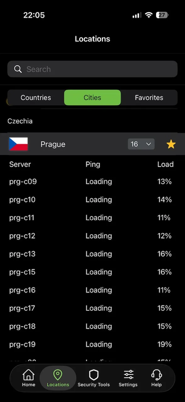 Seznam českých serverů s lokalitami v Praze v aplikaci IPVanish pro iPhone