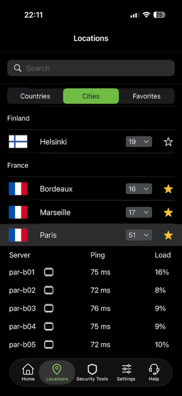 Seznam francouzských serverů s městy Paříž, Marseille a Bordeaux v aplikaci IPVanish pro iPhone