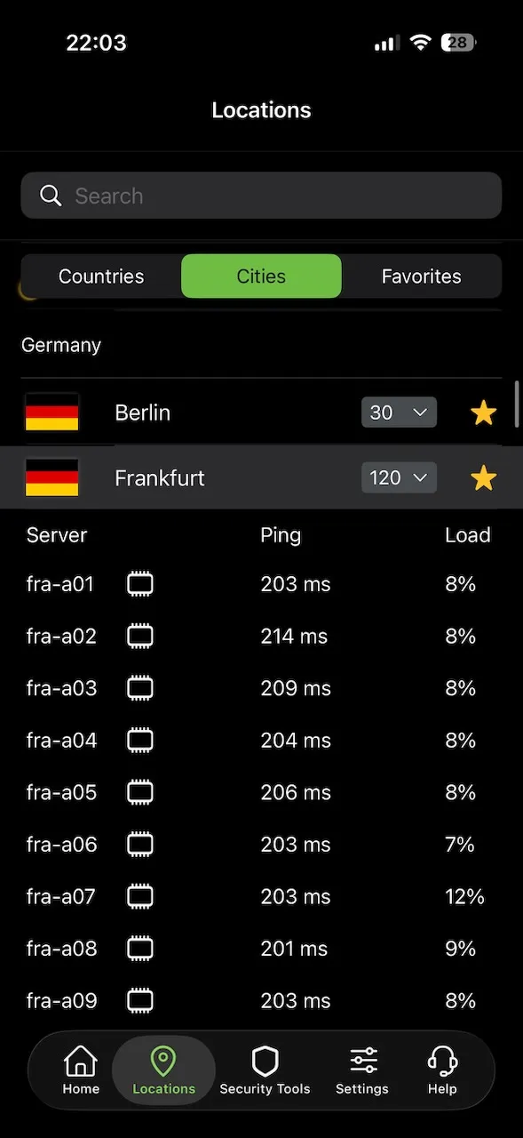 Seznam německých serverů s Berlínem a Frankfurtem v aplikaci IPVanish pro iPhone