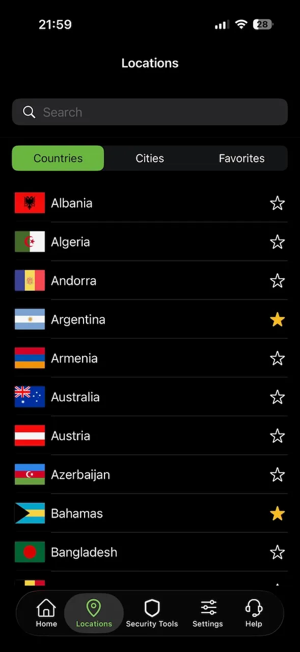 Kompletní seznam serverových lokalit s procházením zemí v aplikaci IPVanish pro iPhone