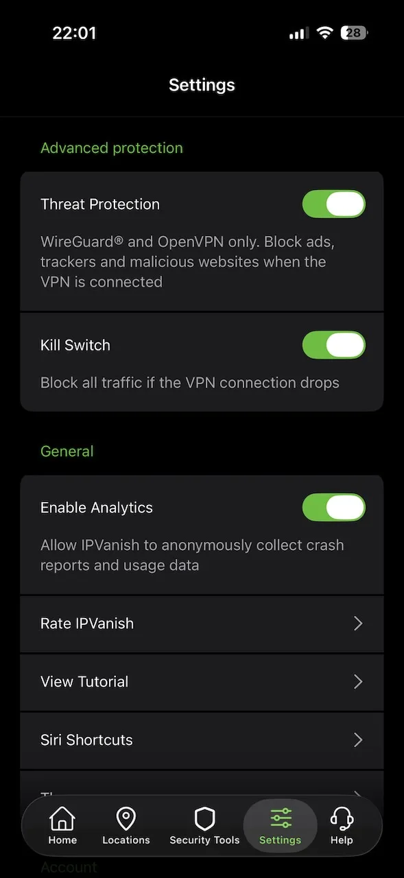 Nastavení zabezpečení se zapnutou Threat Protection a Kill Switch v aplikaci IPVanish pro iPhone