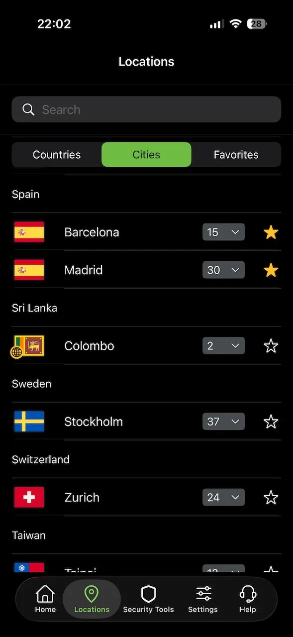 Seznam španělských serverů s Barcelonou a Madridem v aplikaci IPVanish pro iPhone
