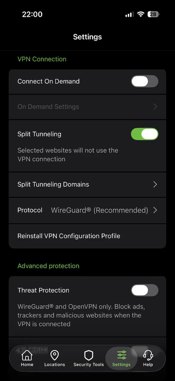 Konfigurace VPN se Split Tunneling a protokolem WireGuard v aplikaci IPVanish pro iPhone