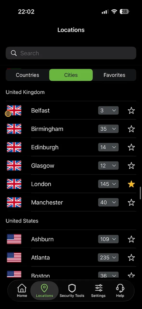 Seznam britských serverů s městy Londýn, Manchester a Edinburgh v aplikaci IPVanish pro iPhone