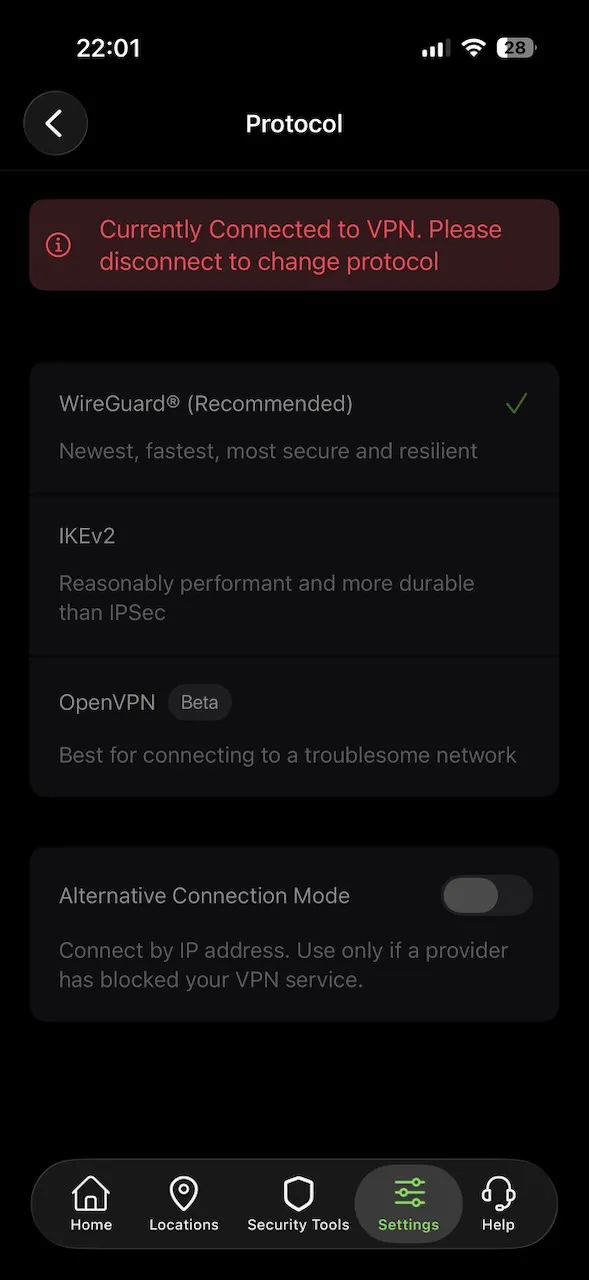 Výběr VPN protokolu s WireGuard, IKEv2 a OpenVPN v aplikaci IPVanish pro iPhone