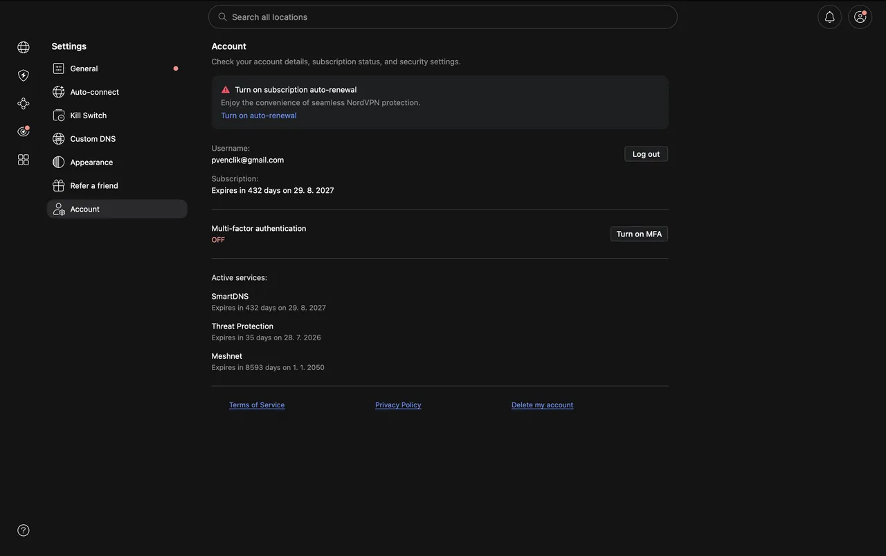 Obrazovka účtu v aplikaci NordVPN pro Mac s předplatným a aktivními službami
