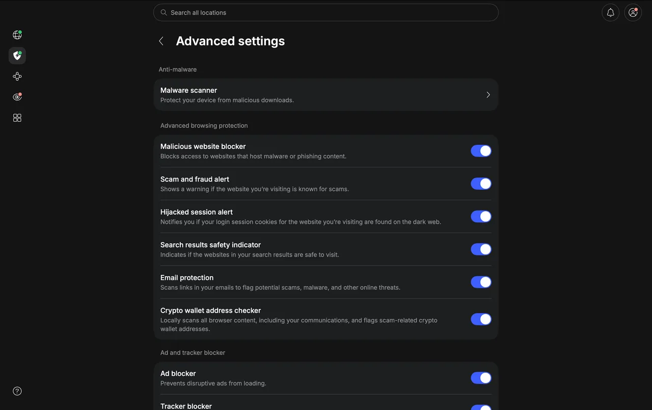 Pokročilé nastavení zabezpečení NordVPN s blokováním malwaru a reklam v aplikaci pro Mac