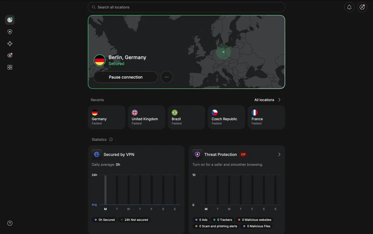 Aplikace NordVPN pro Mac připojená k serveru v Berlíně