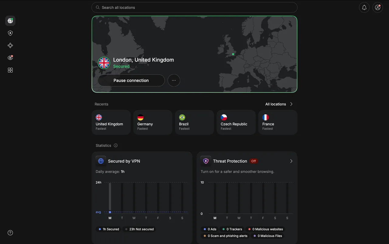 Aplikace NordVPN pro Mac připojená k serveru v Londýně