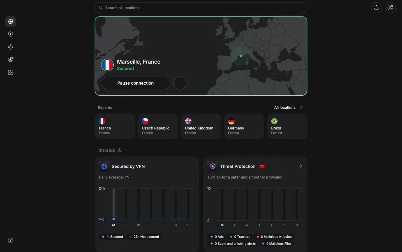 Aplikace NordVPN pro Mac připojená k serveru v Marseille