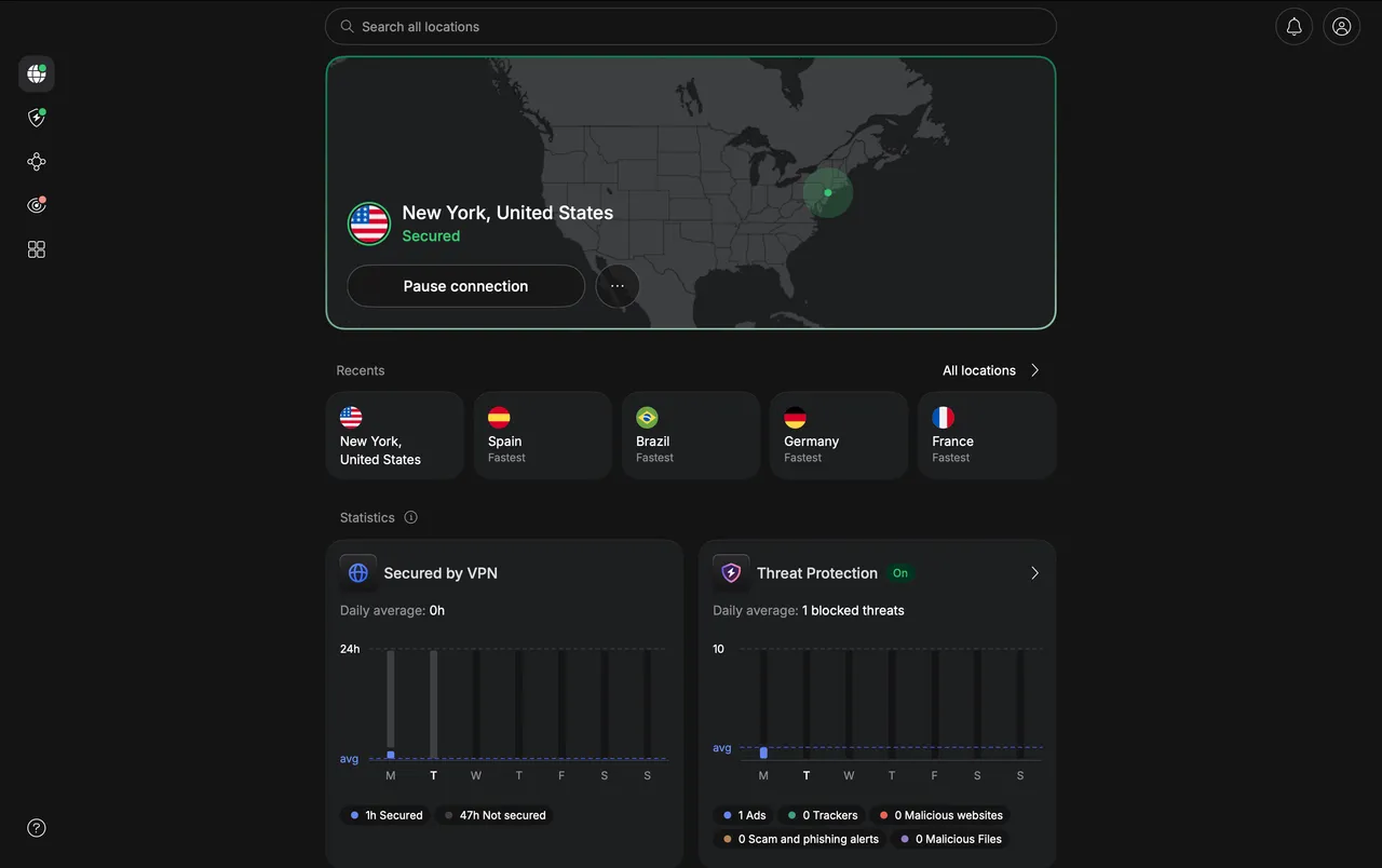 Aplikace NordVPN pro Mac připojená k serveru v New Yorku