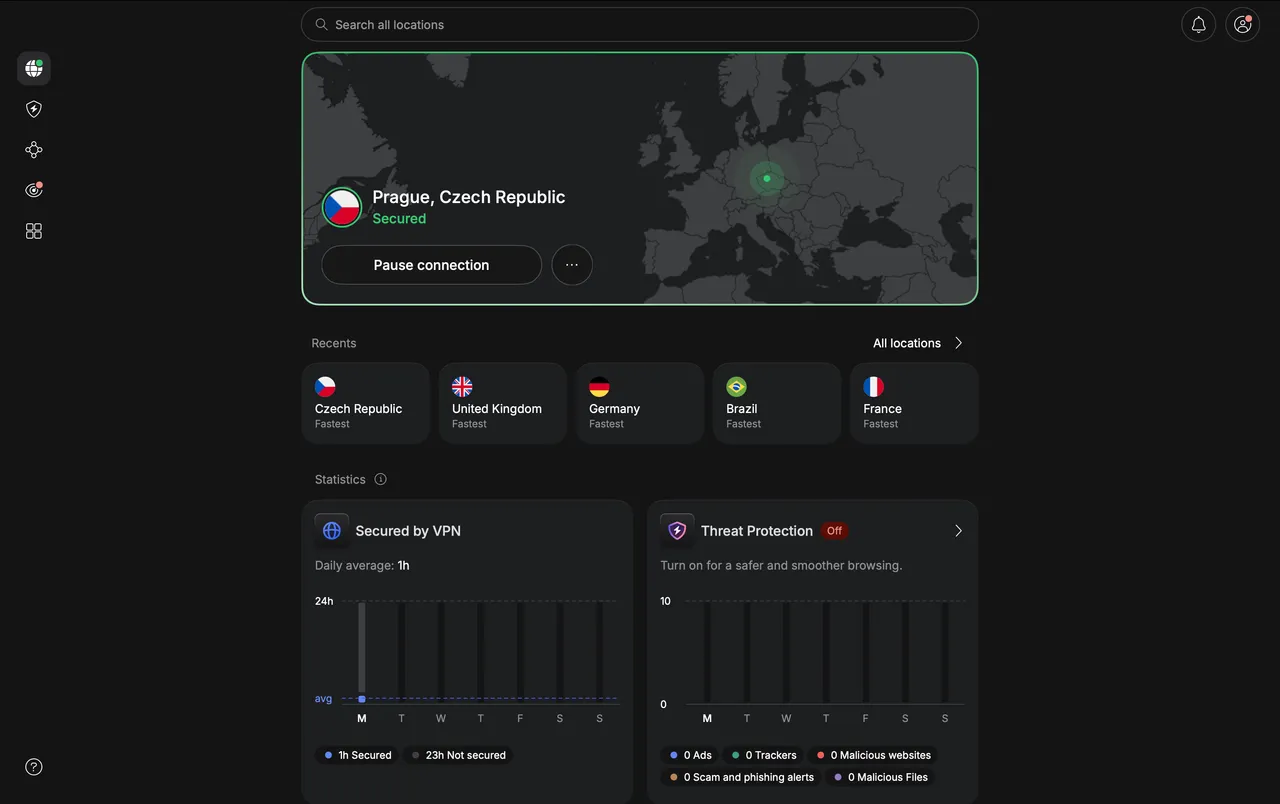 Aplikace NordVPN pro Mac připojená k serveru v Praze