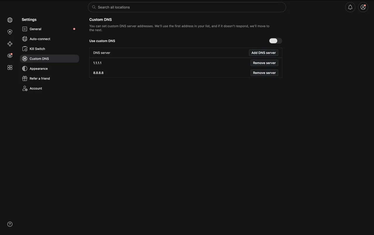 Nastavení Custom DNS v aplikaci NordVPN pro Mac