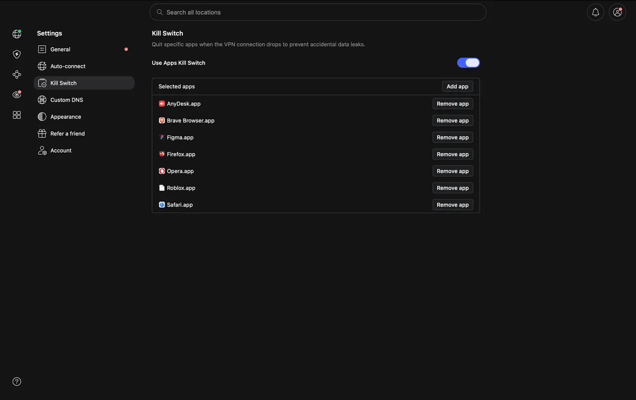 Kill Switch v aplikaci NordVPN pro Mac s vybranými aplikacemi