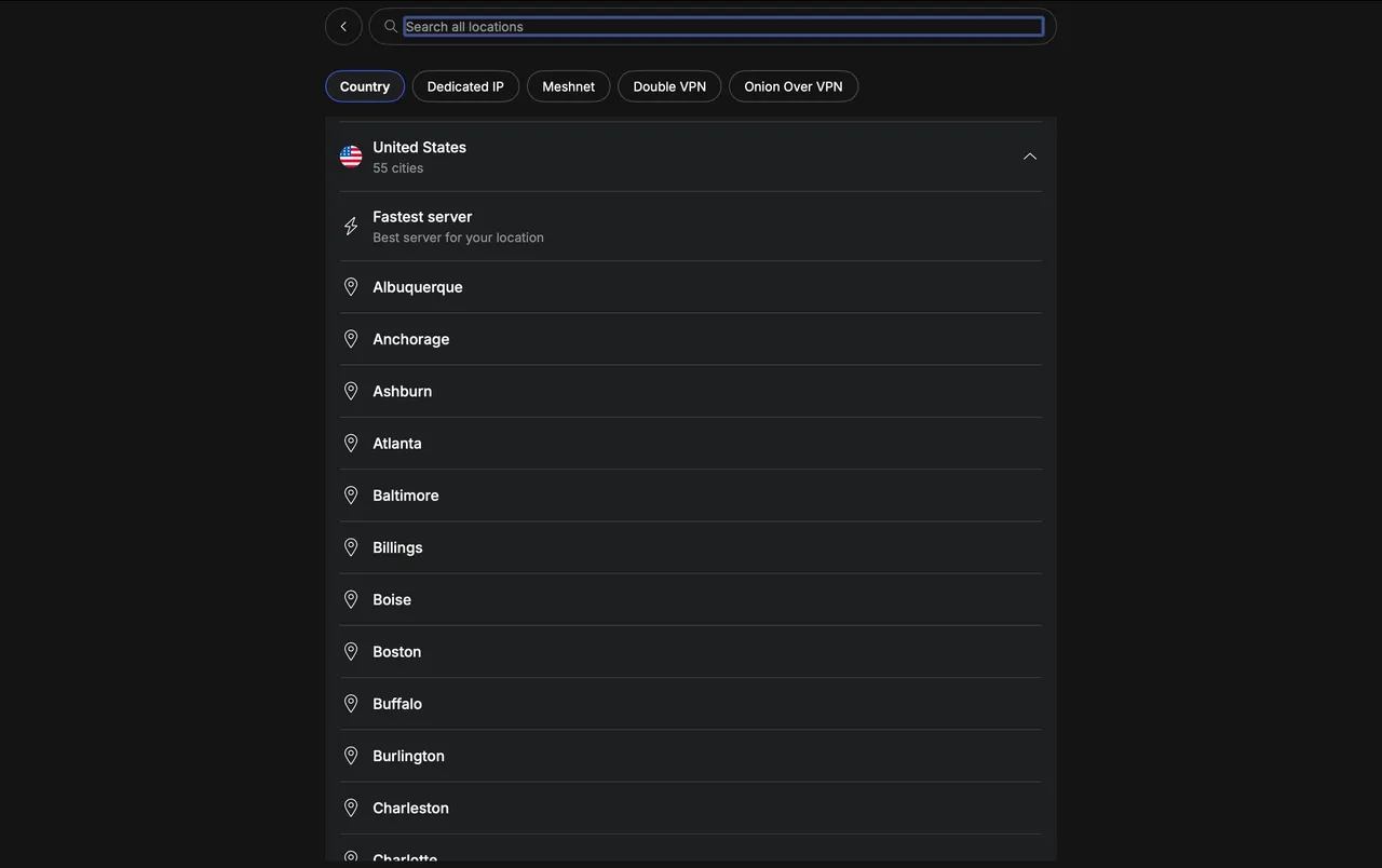Výběr lokality v aplikaci NordVPN pro Mac s americkými městy
