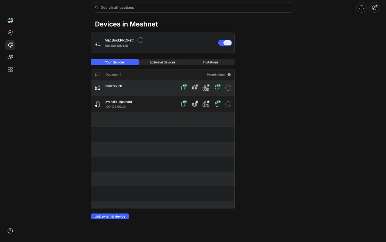 Seznam zařízení Meshnet v aplikaci NordVPN pro Mac