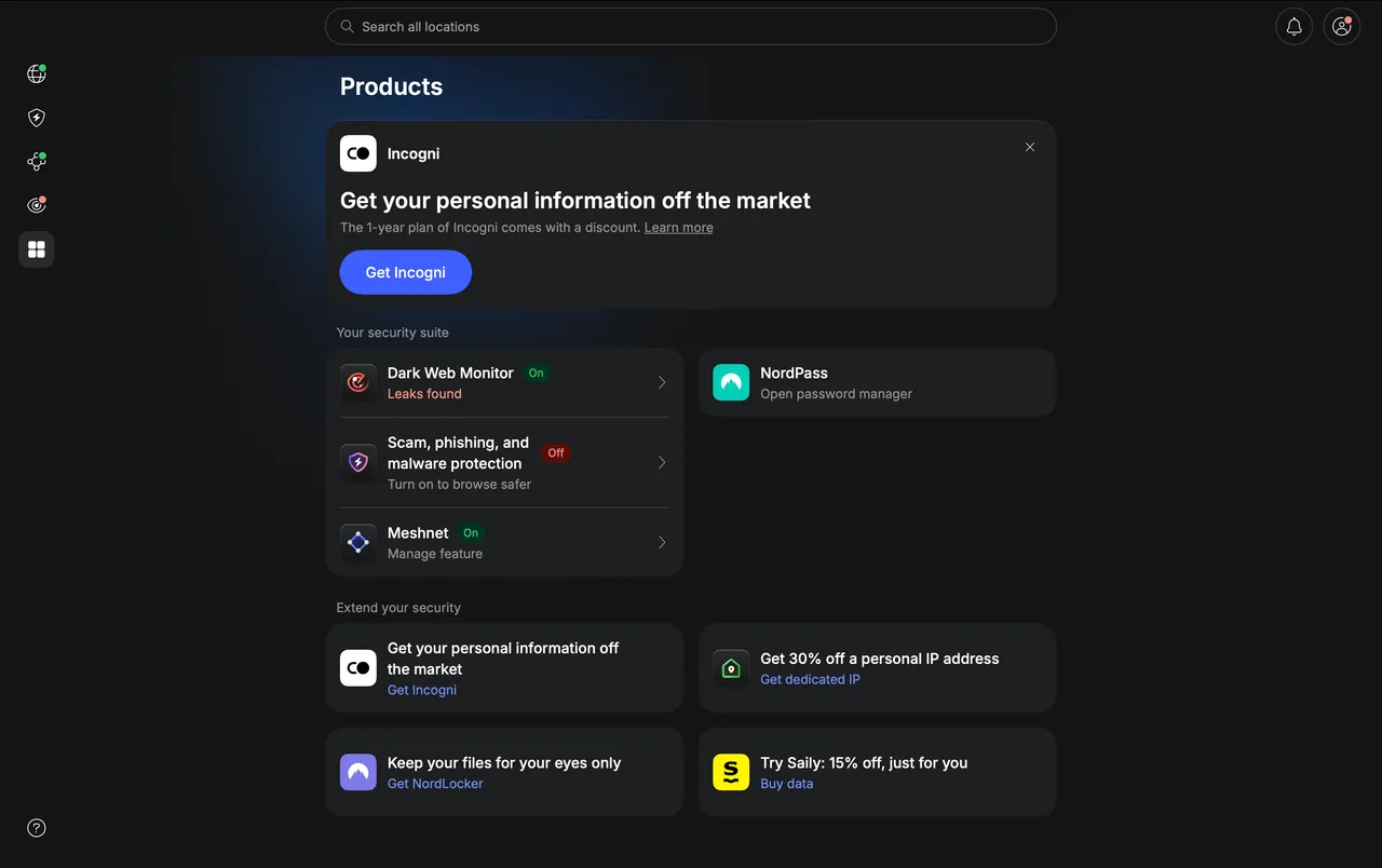 Bezpečnostní sada NordVPN s Dark Web Monitorem a NordPass v aplikaci pro Mac