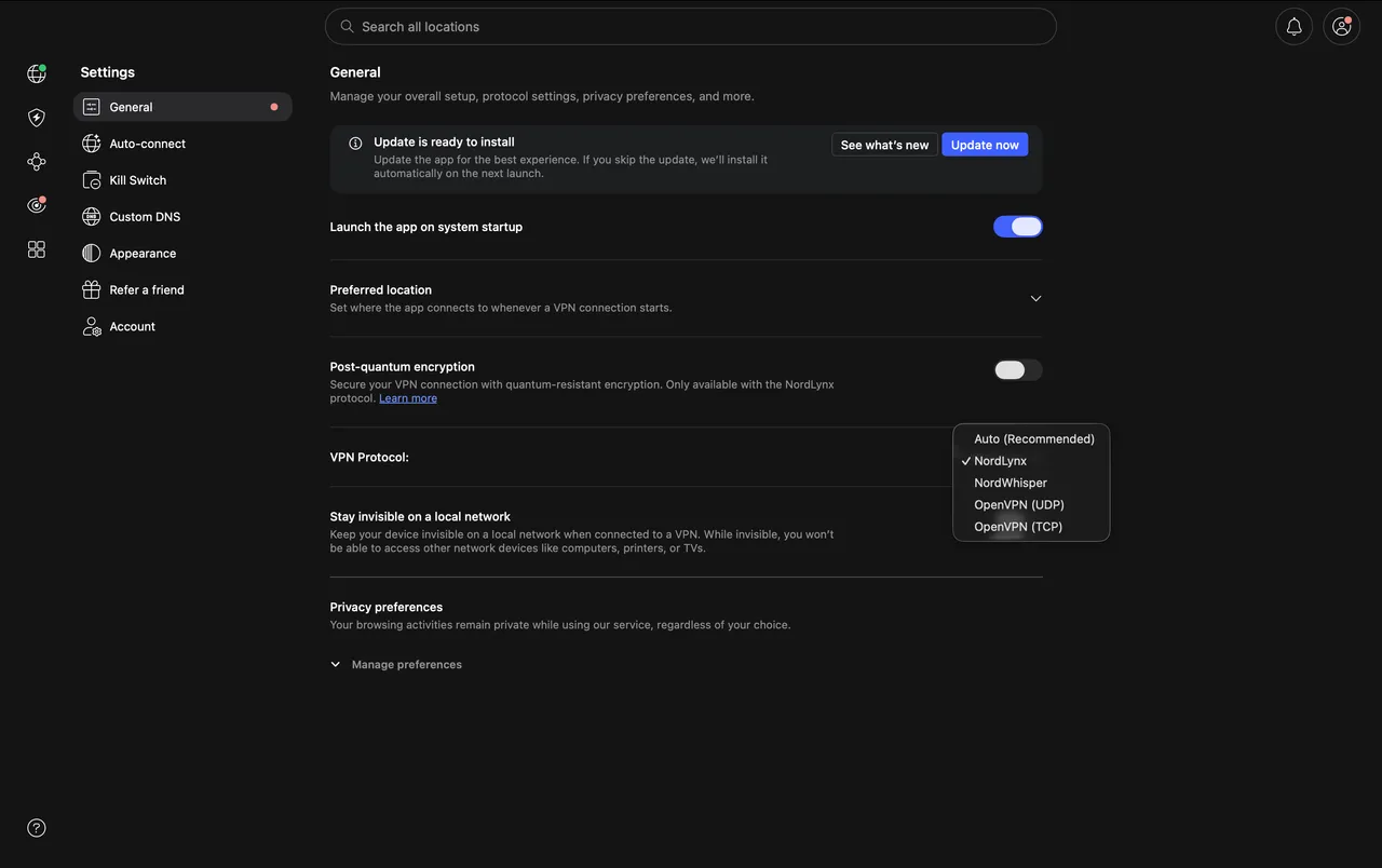 Výběr VPN protokolu v aplikaci NordVPN pro Mac s NordLynx a OpenVPN