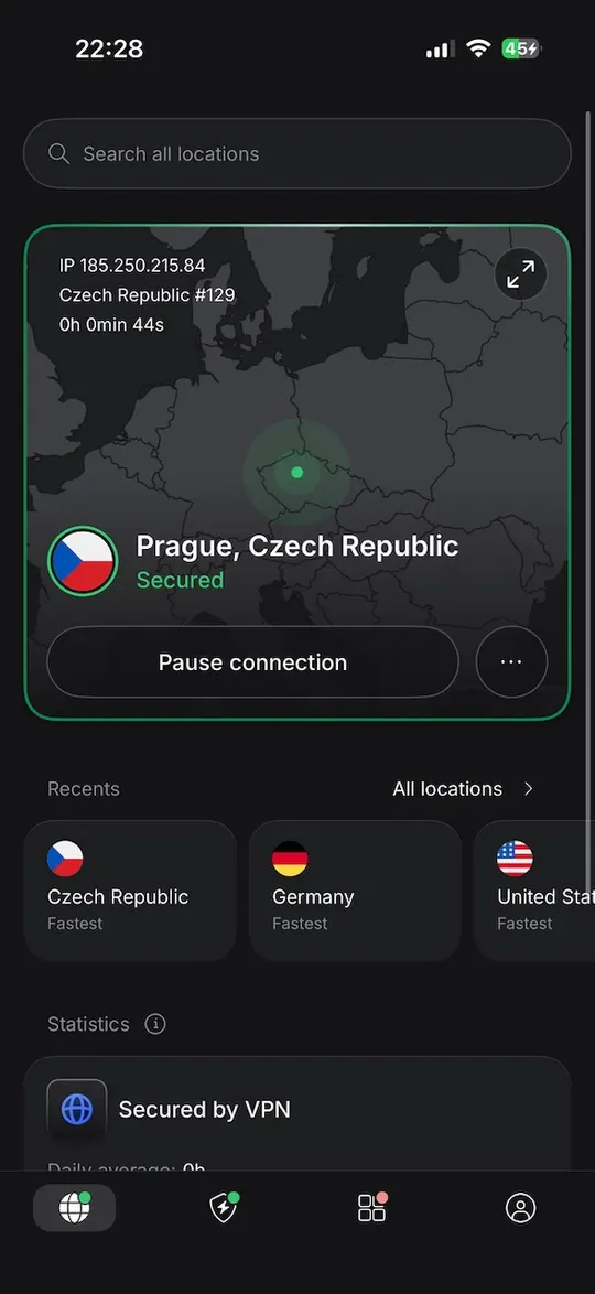 NordVPN pro iPhone aktivní na serveru Česko číslo 129 se zabezpečenou IP