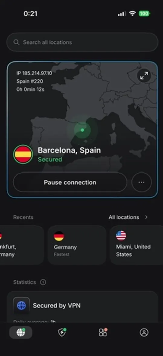 Aplikace NordVPN pro iPhone připojená k serveru v Barceloně