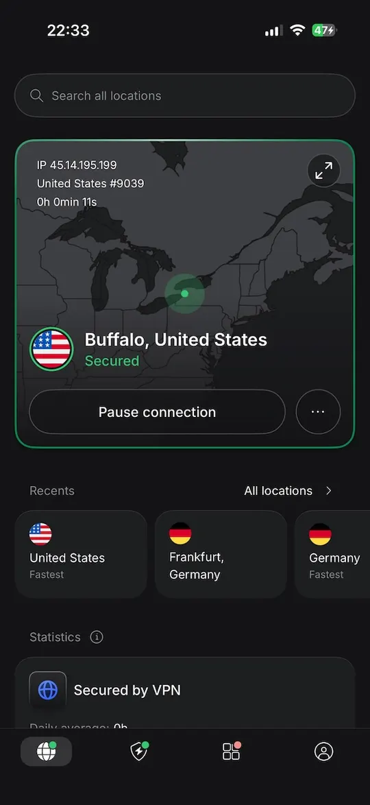 Aplikace NordVPN pro iPhone připojená k Buffalu ve Spojených státech, zabezpečeno