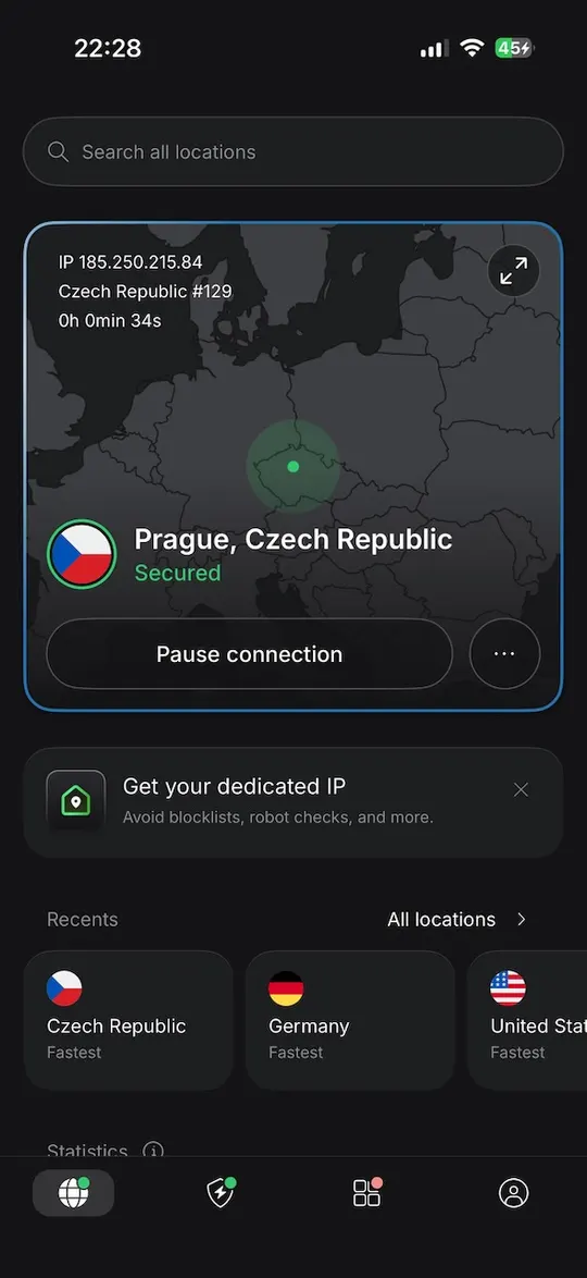 Aplikace NordVPN pro iPhone připojená k serveru v Praze