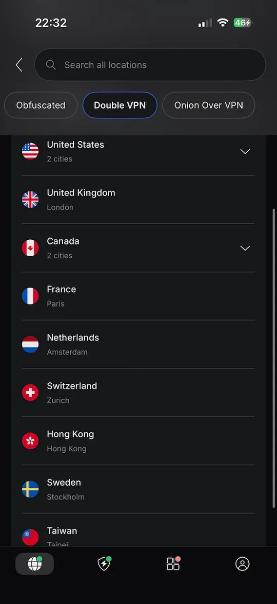 Servery Double VPN s vícenásobným přeskokem v aplikaci NordVPN pro iPhone