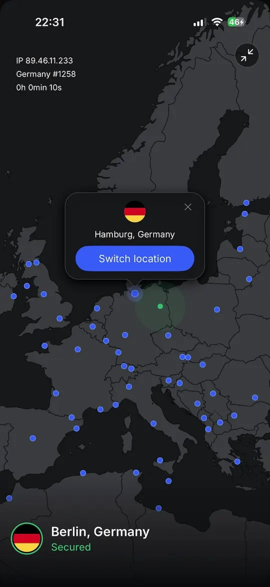 Mapa v aplikaci NordVPN pro iPhone připojená k Berlínu v Německu