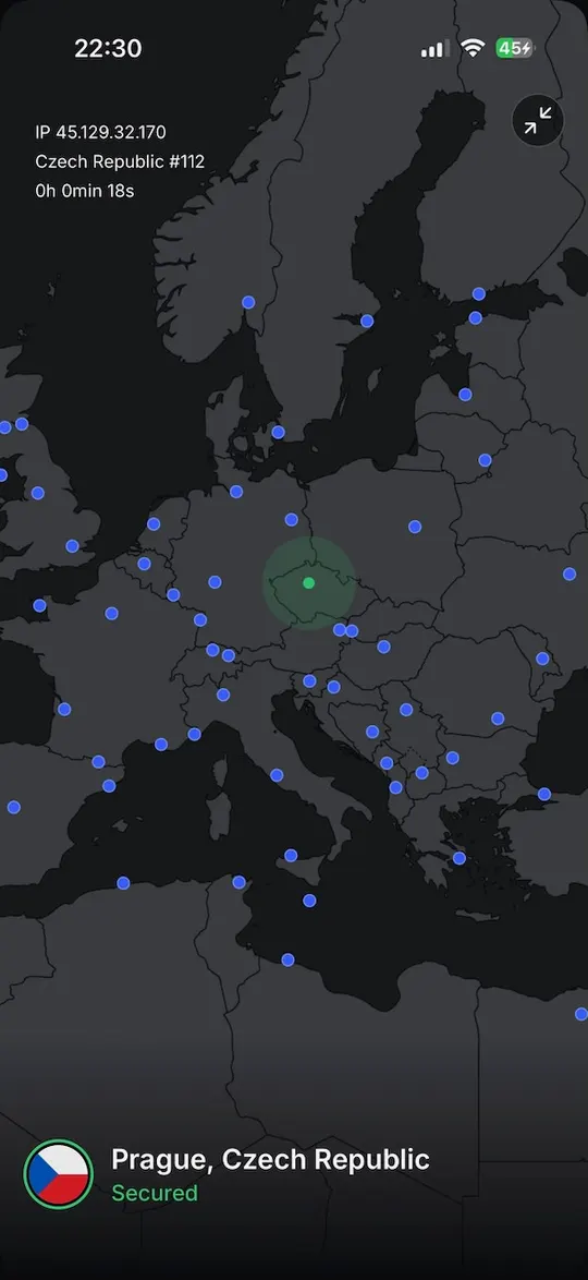 Mapa Evropy v aplikaci NordVPN pro iPhone připojená k serveru Česko 112