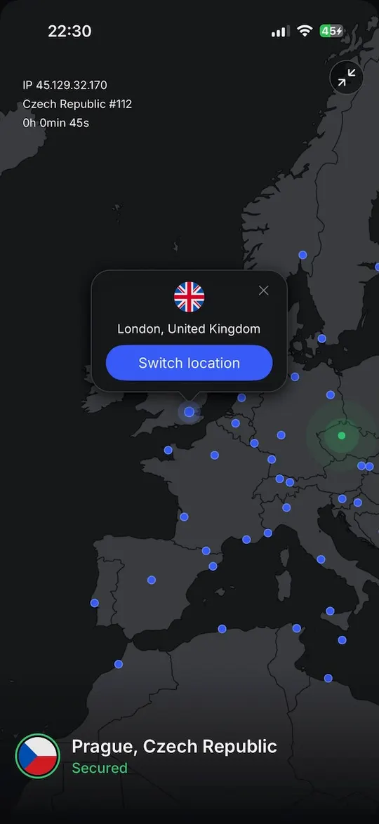 Aplikace NordVPN pro iPhone přepíná polohu na Londýn ve Velké Británii