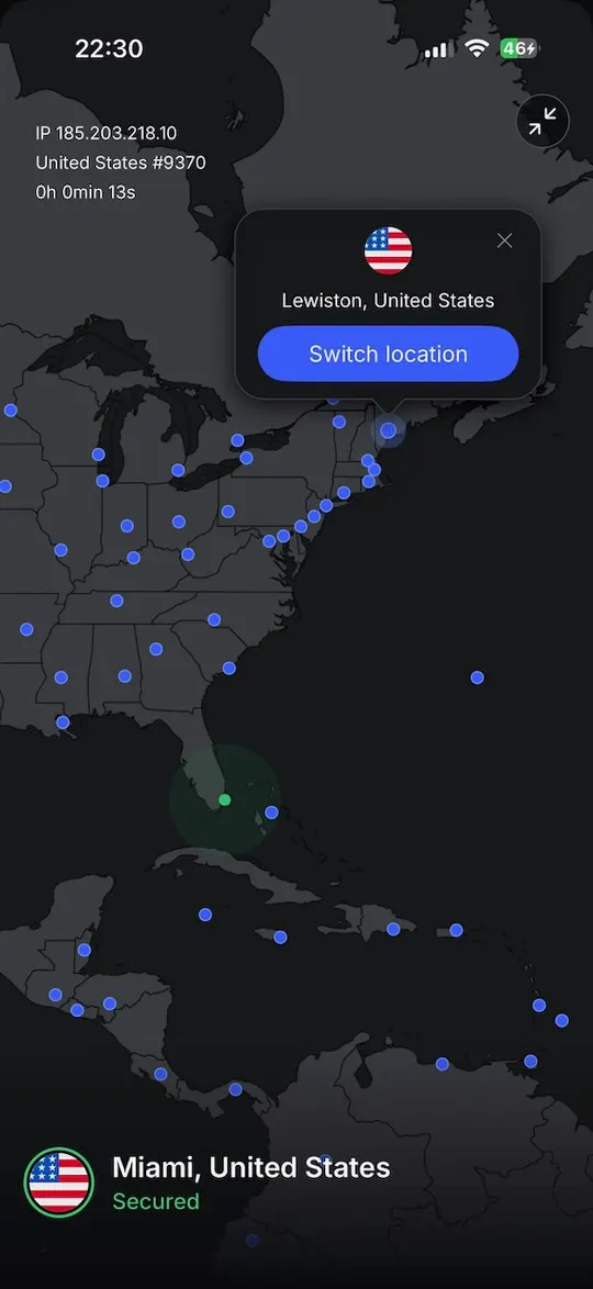 Mapa v aplikaci NordVPN pro iPhone připojená k Miami ve Spojených státech