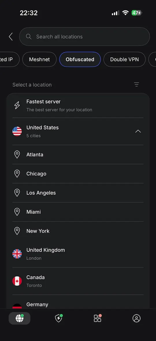 Rozbalený seznam amerických měst na obfuskovaných serverech NordVPN pro iPhone