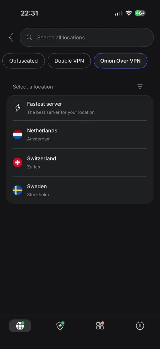 Servery Onion Over VPN v aplikaci NordVPN pro iPhone