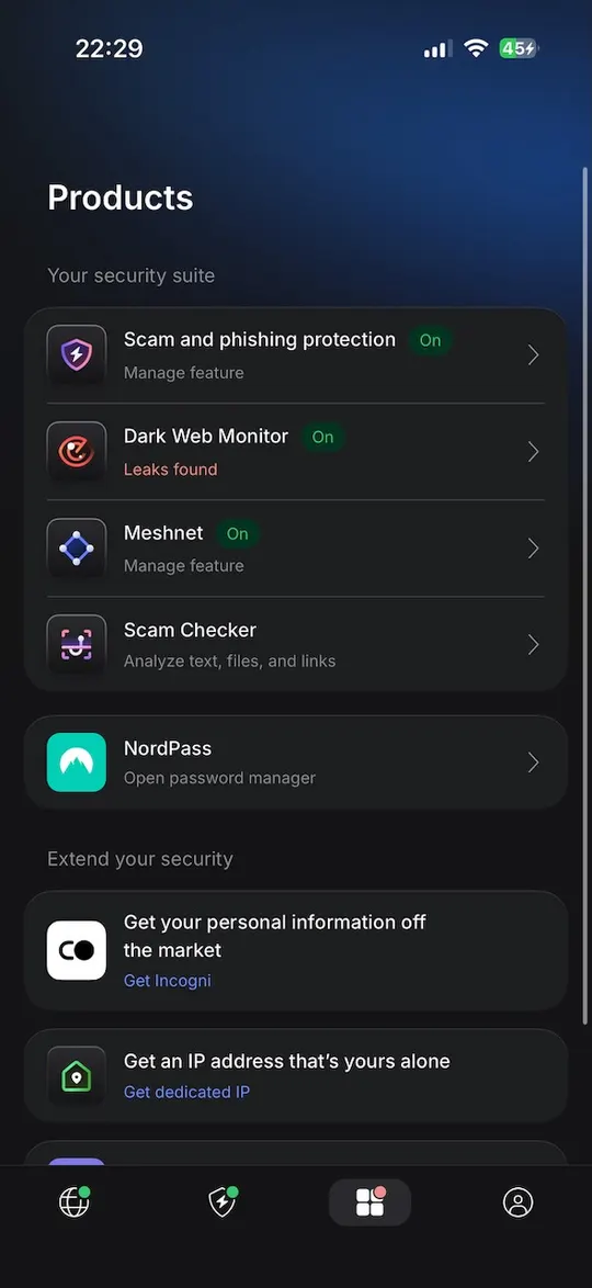 Bezpečnostní sada NordVPN pro iPhone se všemi produkty na jednom místě