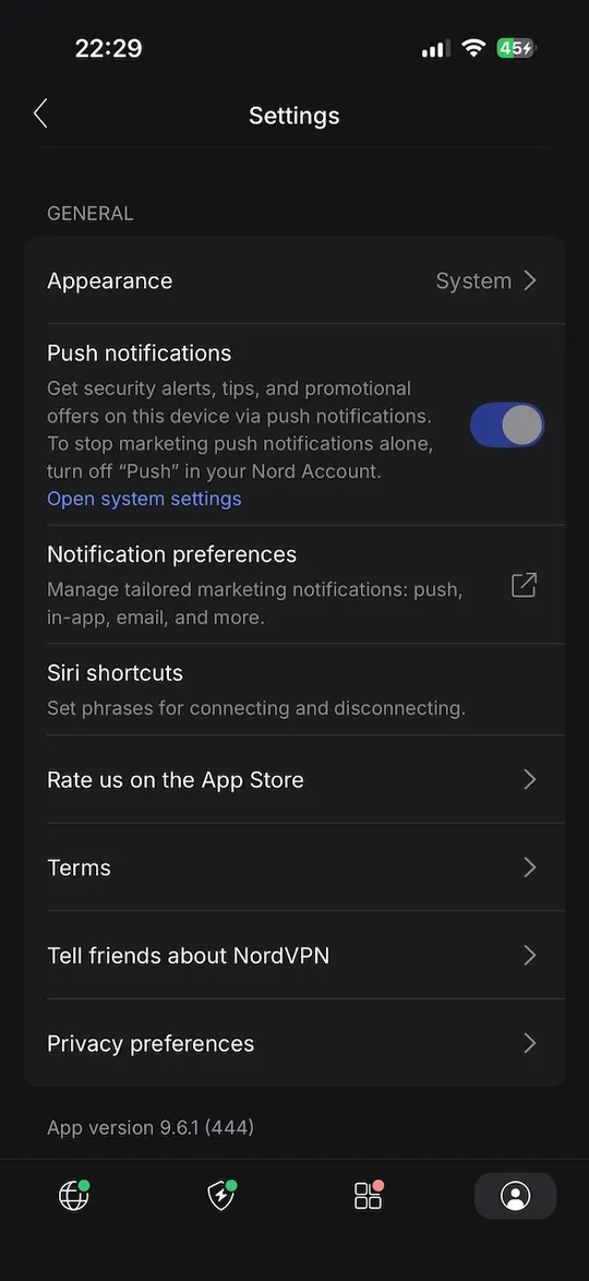 Obecné nastavení oznámení a soukromí v aplikaci NordVPN pro iPhone