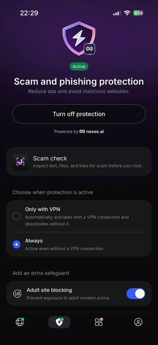 NordVPN Threat Protection se zapnutým blokováním stránek pro dospělé v aplikaci pro iPhone