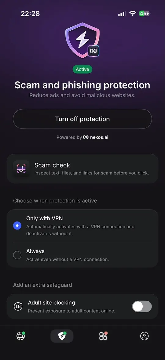 NordVPN Threat Protection blokuje podvody a phishing v aplikaci pro iPhone